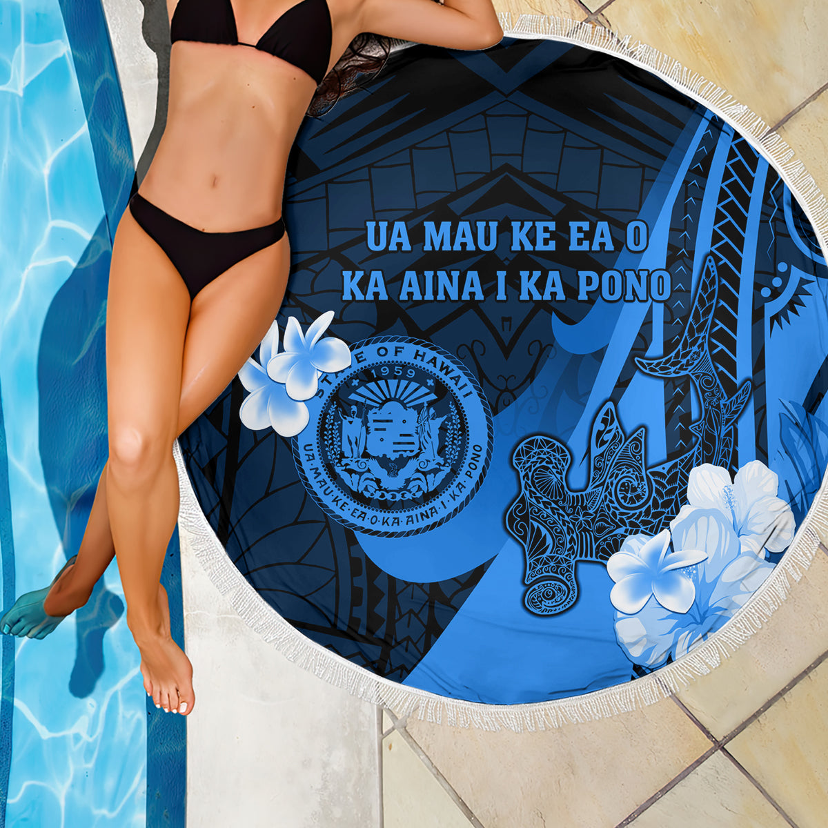 Hawaii State Motto Beach Blanket Hawaiian Tribal Blue Hammerhead Shark LT05 - Polynesian Pride