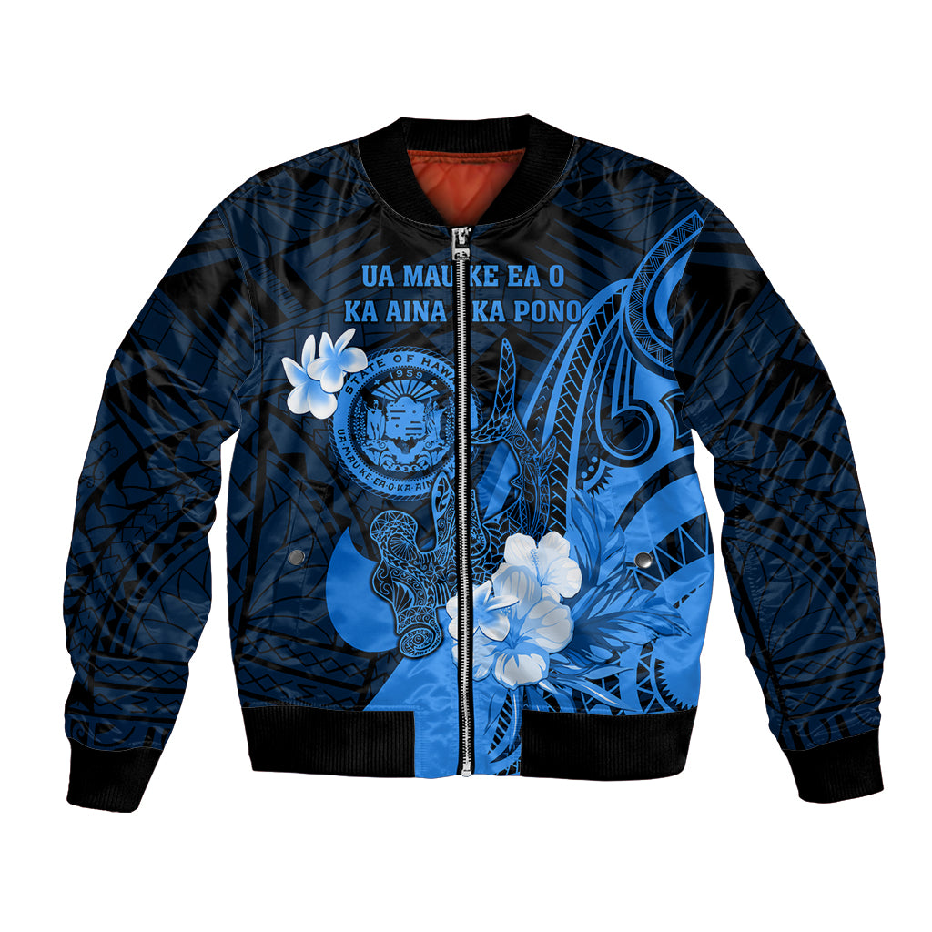 Personalised Hawaii State Motto Bomber Jacket Hawaiian Tribal Blue Hammerhead Shark LT05 Unisex Blue - Polynesian Pride