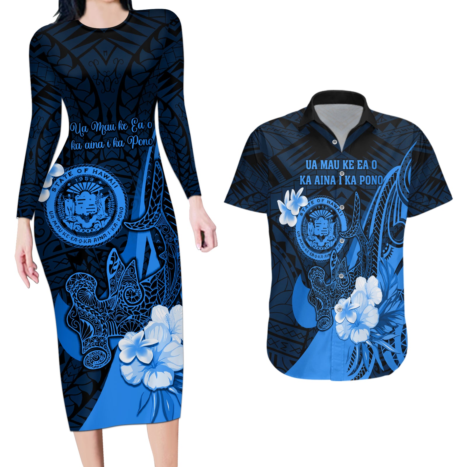 Personalised Hawaii State Motto Couples Matching Long Sleeve Bodycon Dress and Hawaiian Shirt Hawaiian Tribal Blue Hammerhead Shark LT05 Blue - Polynesian Pride