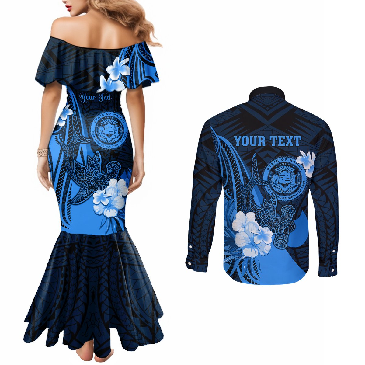 Personalised Hawaii State Motto Couples Matching Mermaid Dress and Long Sleeve Button Shirt Hawaiian Tribal Blue Hammerhead Shark LT05 - Polynesian Pride