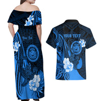 Personalised Hawaii State Motto Couples Matching Off Shoulder Maxi Dress and Hawaiian Shirt Hawaiian Tribal Blue Hammerhead Shark LT05 - Polynesian Pride