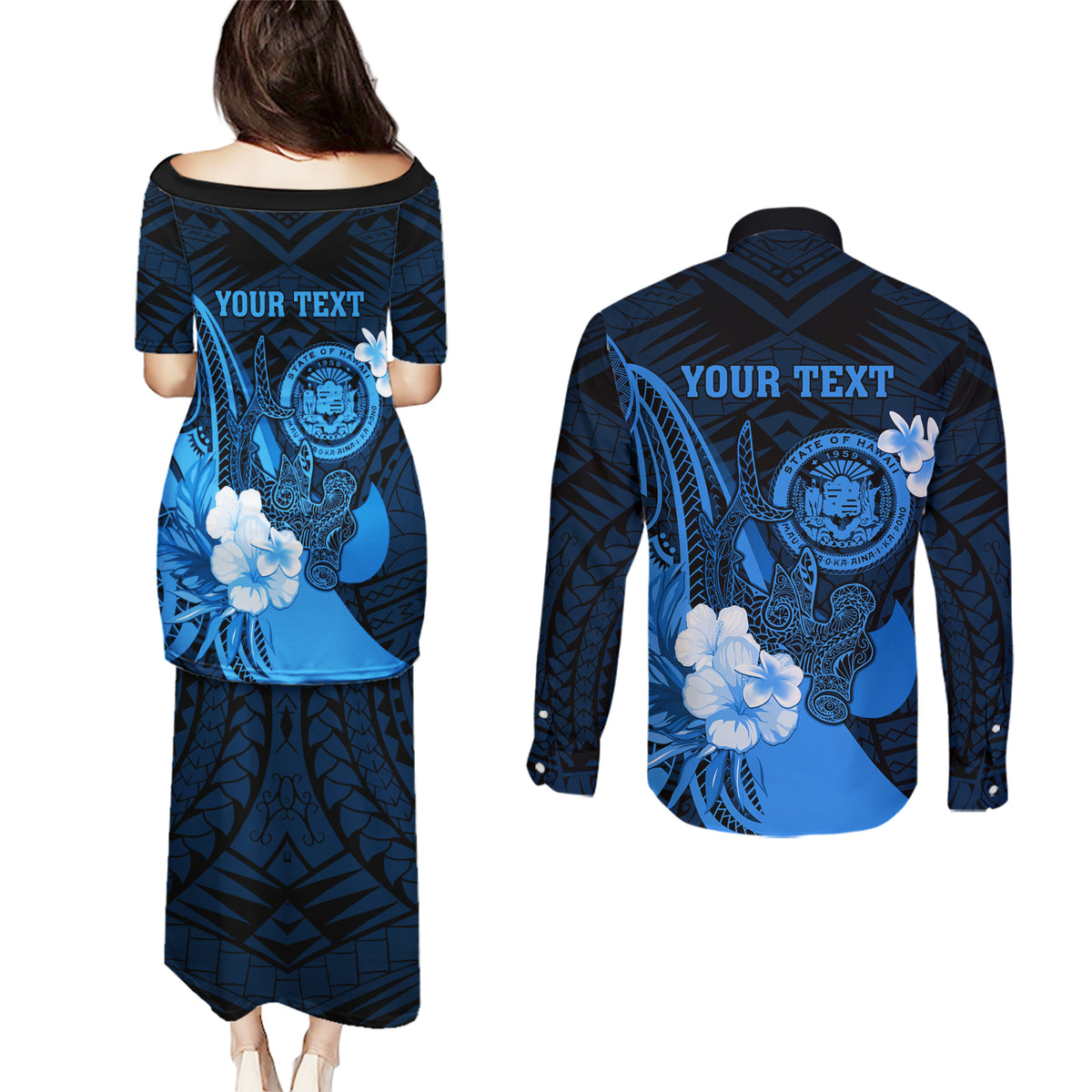 Personalised Hawaii State Motto Couples Matching Puletasi and Long Sleeve Button Shirt Hawaiian Tribal Blue Hammerhead Shark LT05 - Polynesian Pride