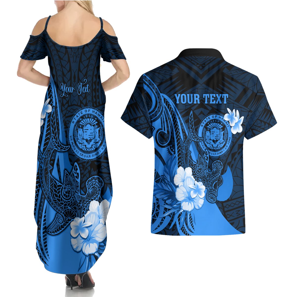 Personalised Hawaii State Motto Couples Matching Summer Maxi Dress and Hawaiian Shirt Hawaiian Tribal Blue Hammerhead Shark LT05 - Polynesian Pride