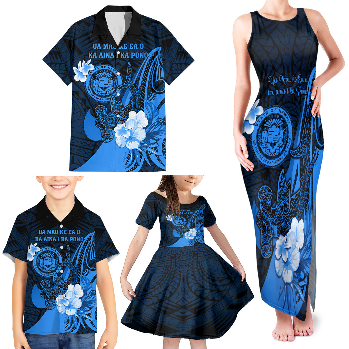 Personalised Hawaii State Motto Family Matching Tank Maxi Dress and Hawaiian Shirt Hawaiian Tribal Blue Hammerhead Shark LT05 - Polynesian Pride