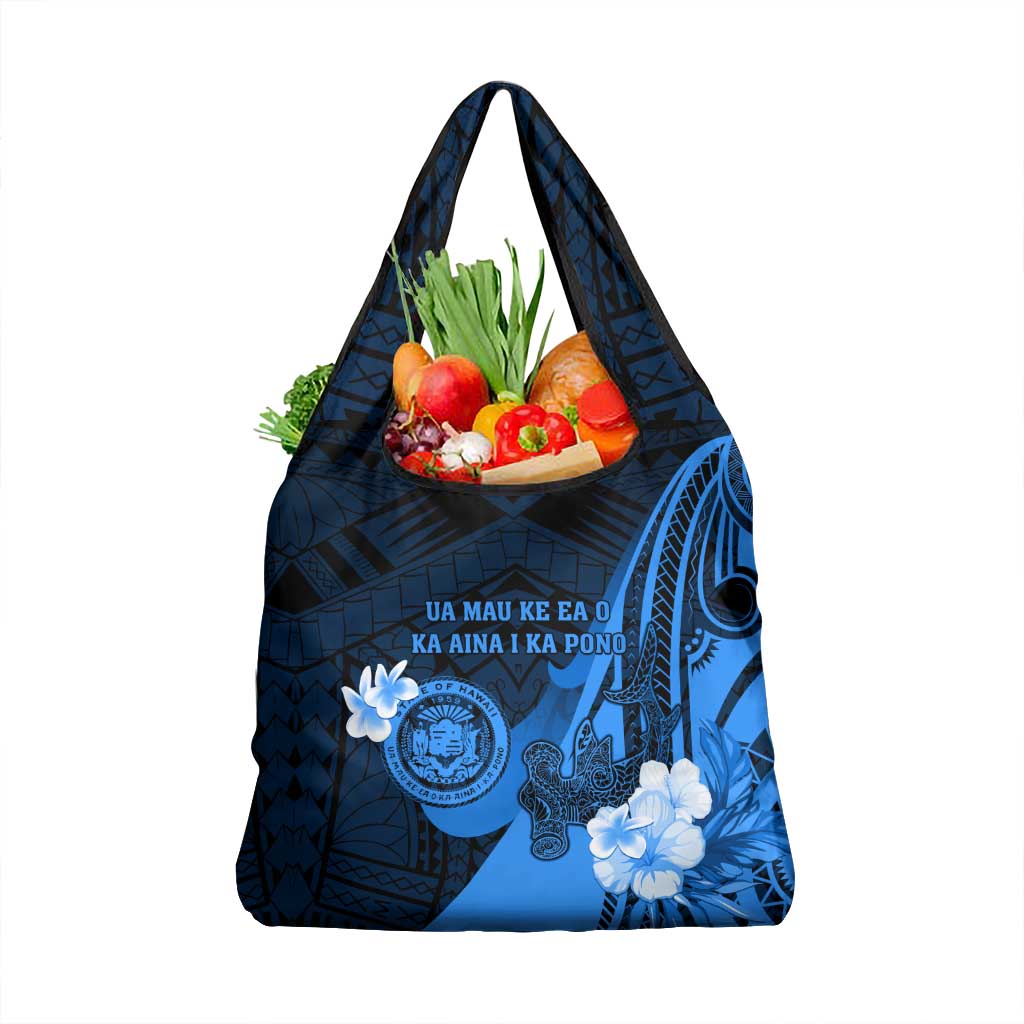 Hawaii State Motto Grocery Bag Hawaiian Tribal Blue Hammerhead Shark