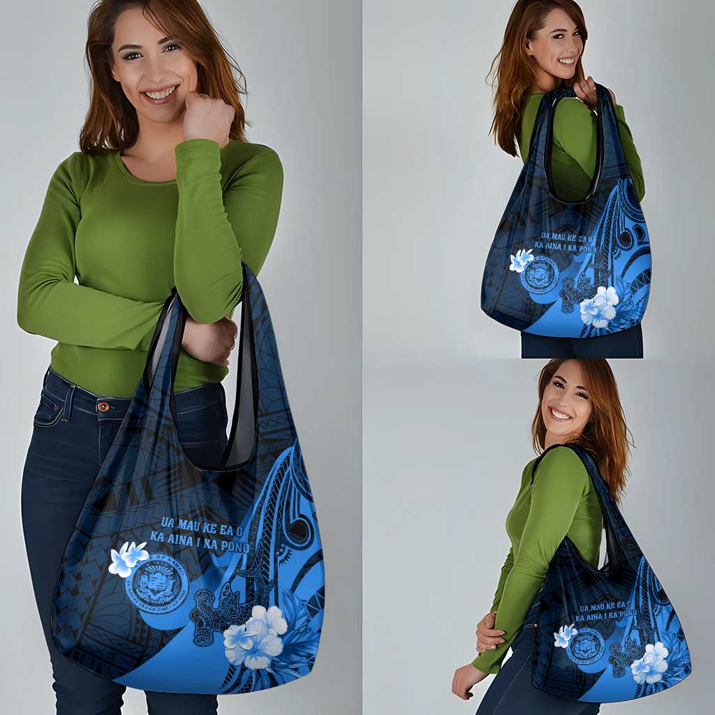 Hawaii State Motto Grocery Bag Hawaiian Tribal Blue Hammerhead Shark