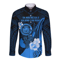 Personalised Hawaii State Motto Long Sleeve Button Shirt Hawaiian Tribal Blue Hammerhead Shark LT05 Unisex Blue - Polynesian Pride