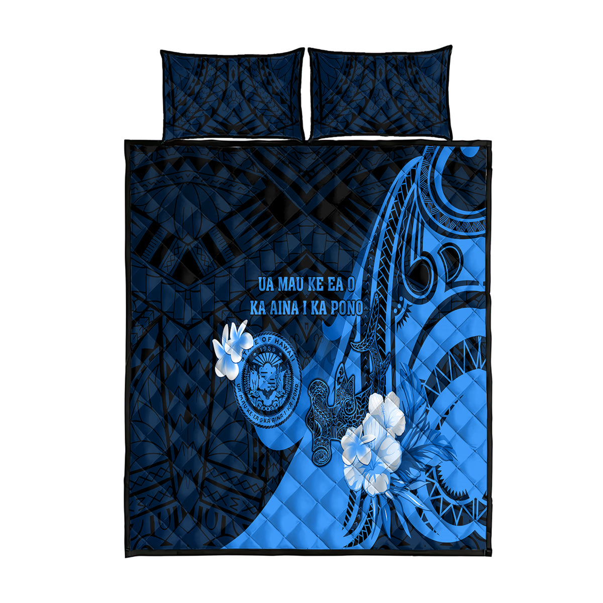 Hawaii State Motto Quilt Bed Set Hawaiian Tribal Blue Hammerhead Shark LT05 Blue - Polynesian Pride