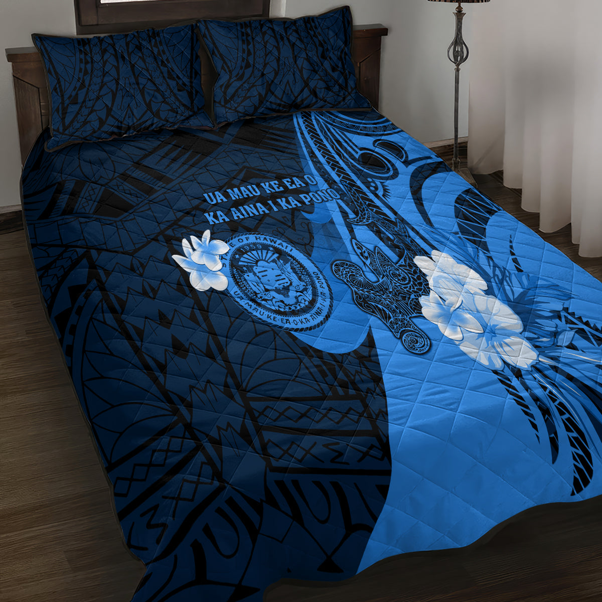 Hawaii State Motto Quilt Bed Set Hawaiian Tribal Blue Hammerhead Shark LT05 - Polynesian Pride