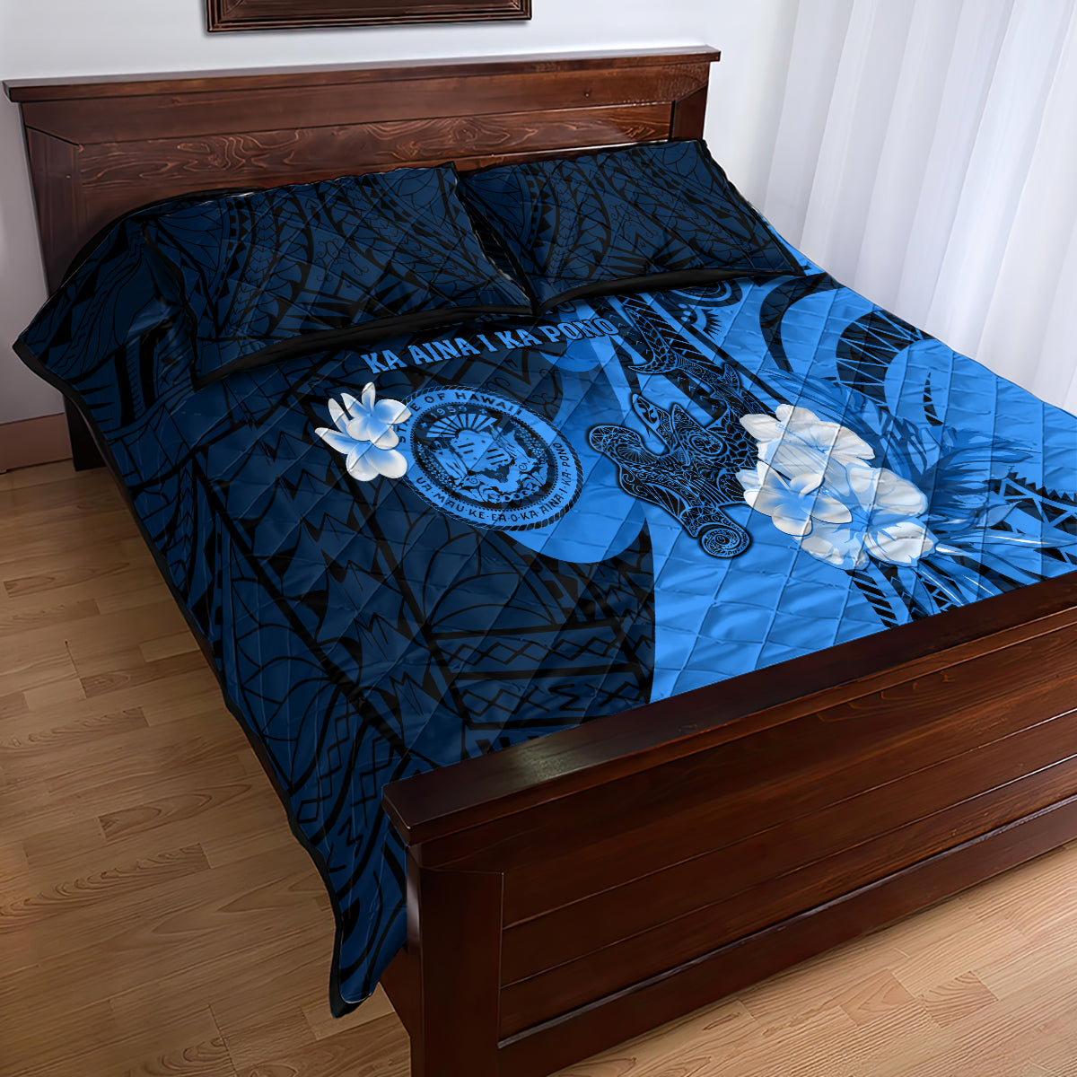 Hawaii State Motto Quilt Bed Set Hawaiian Tribal Blue Hammerhead Shark LT05 - Polynesian Pride