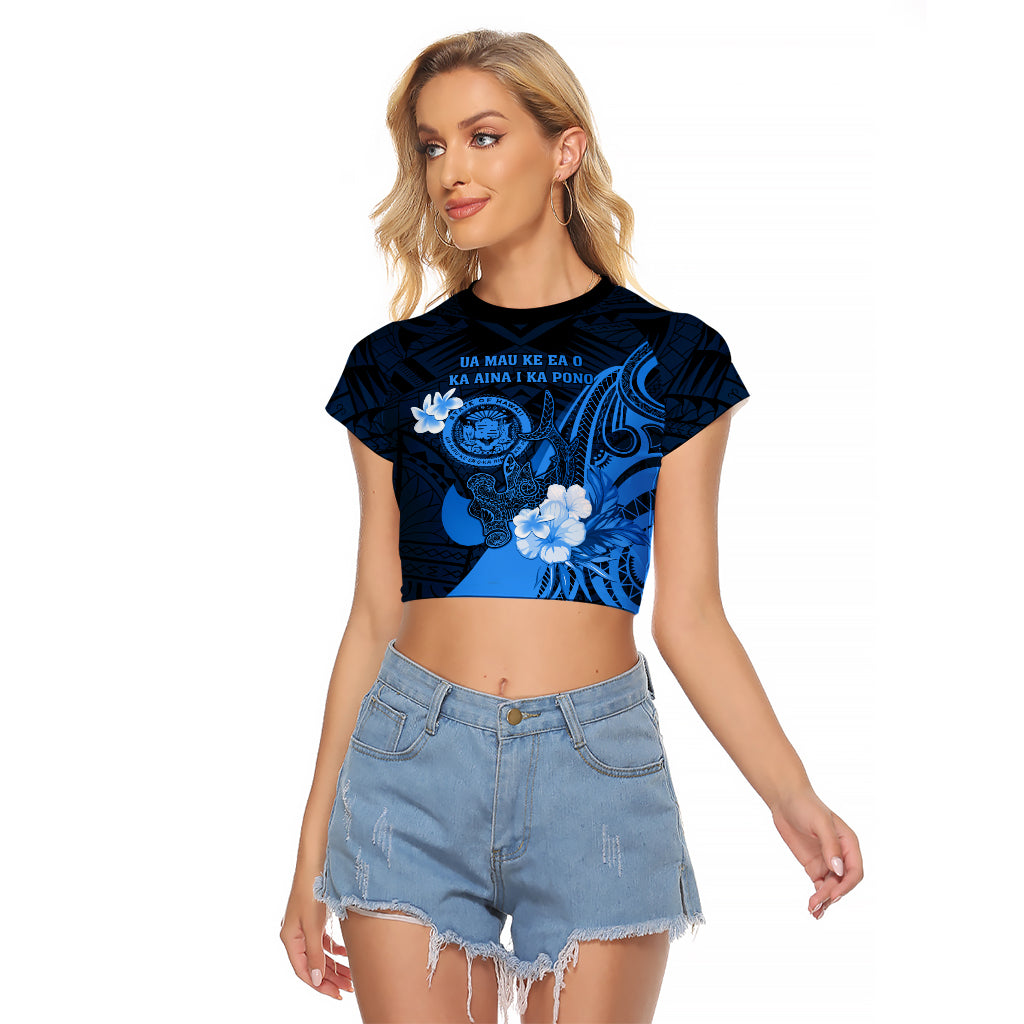 Personalised Hawaii State Motto Raglan Cropped T Shirt Hawaiian Tribal Blue Hammerhead Shark LT05 Female Blue - Polynesian Pride