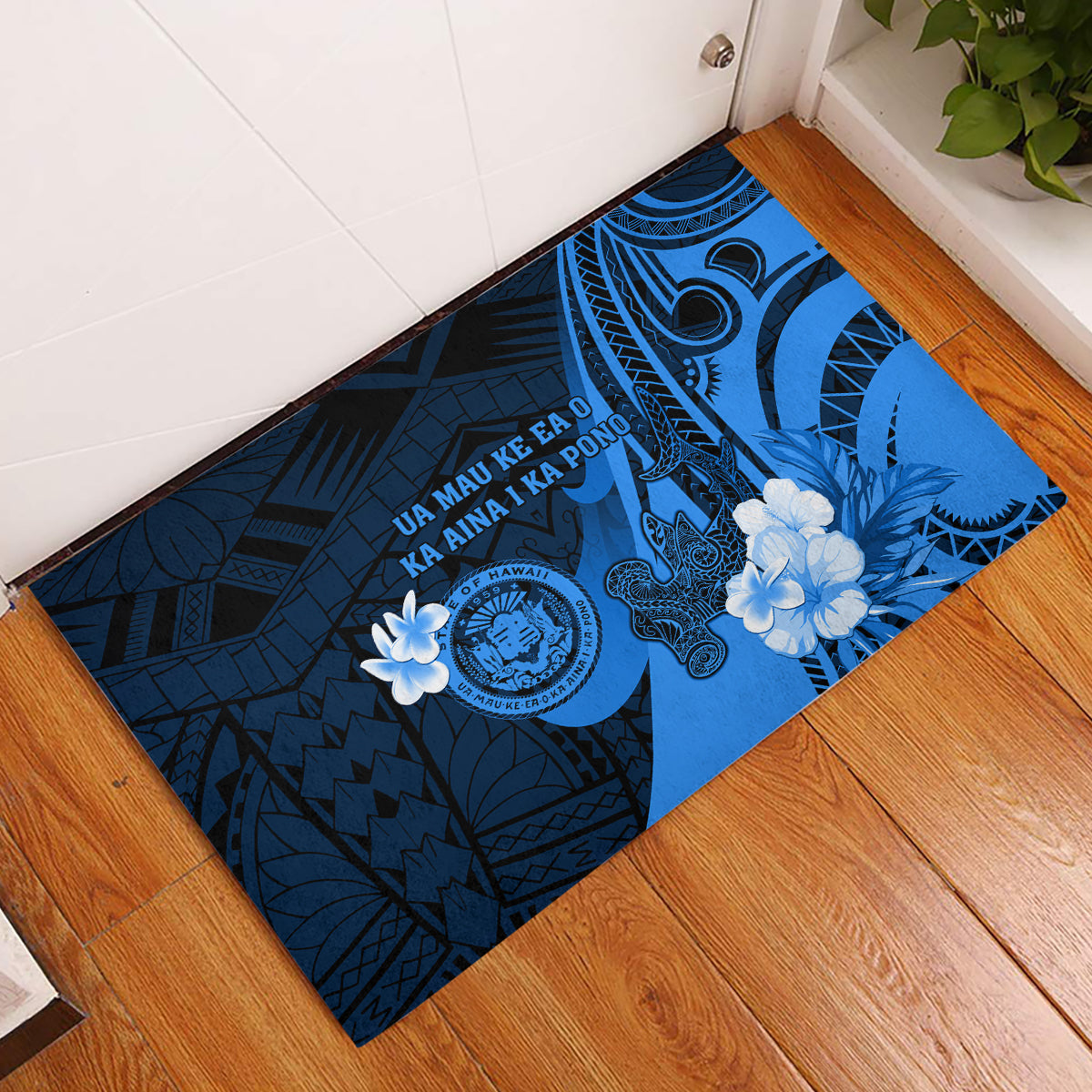 Hawaii State Motto Rubber Doormat Hawaiian Tribal Blue Hammerhead Shark LT05 Blue - Polynesian Pride