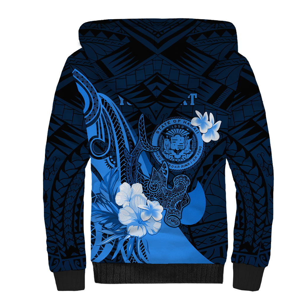 Personalised Hawaii State Motto Sherpa Hoodie Hawaiian Tribal Blue Hammerhead Shark LT05 - Polynesian Pride