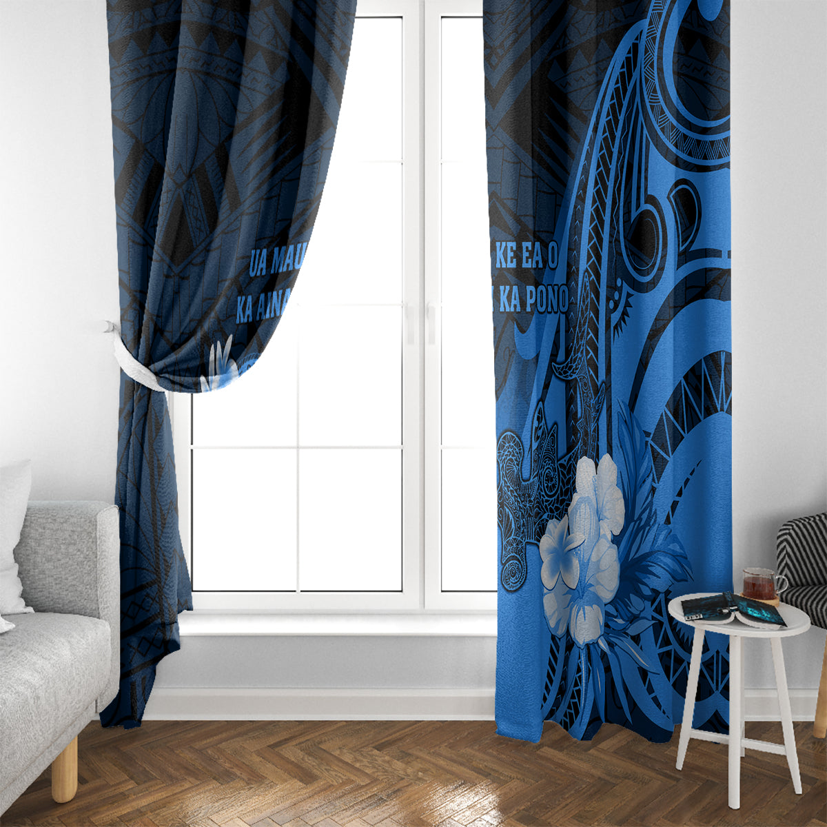 Hawaii State Motto Window Curtain Hawaiian Tribal Blue Hammerhead Shark LT05 - Polynesian Pride