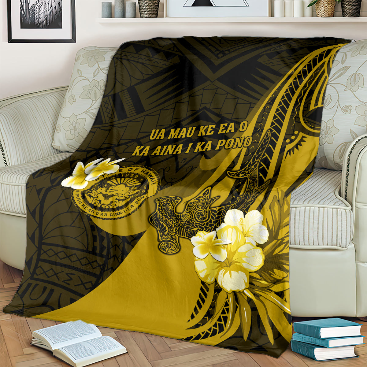 Hawaii State Motto Blanket Hawaiian Tribal Gold Hammerhead Shark LT05 - Polynesian Pride