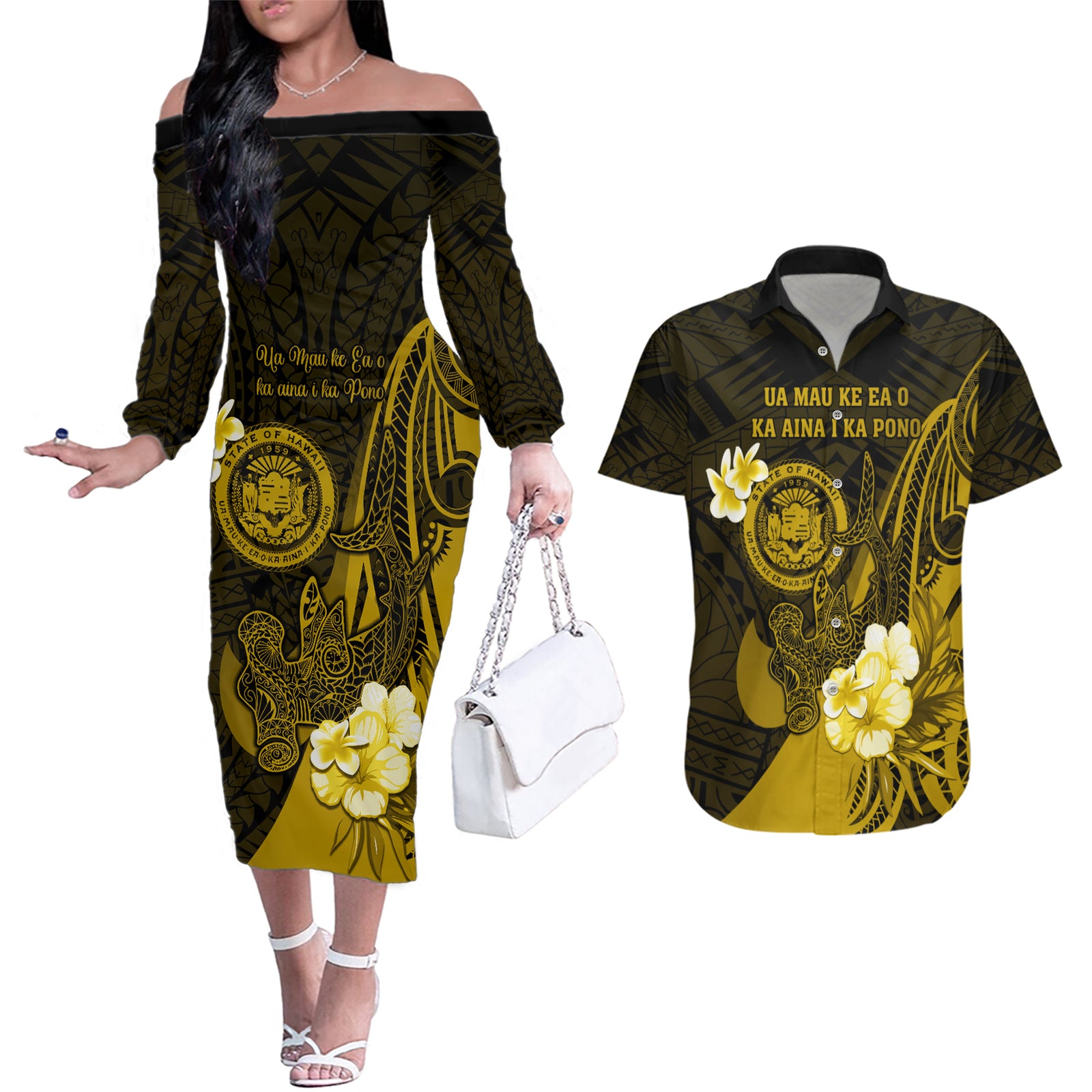 Personalised Hawaii State Motto Couples Matching Off The Shoulder Long Sleeve Dress and Hawaiian Shirt Hawaiian Tribal Gold Hammerhead Shark LT05 Gold - Polynesian Pride