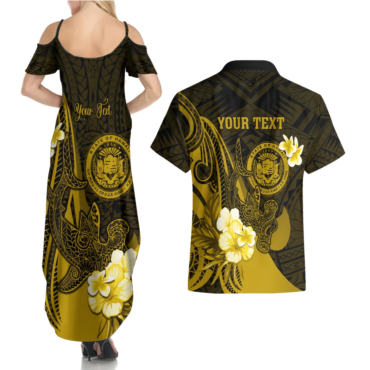 Personalised Hawaii State Motto Couples Matching Summer Maxi Dress and Hawaiian Shirt Hawaiian Tribal Gold Hammerhead Shark LT05 - Polynesian Pride