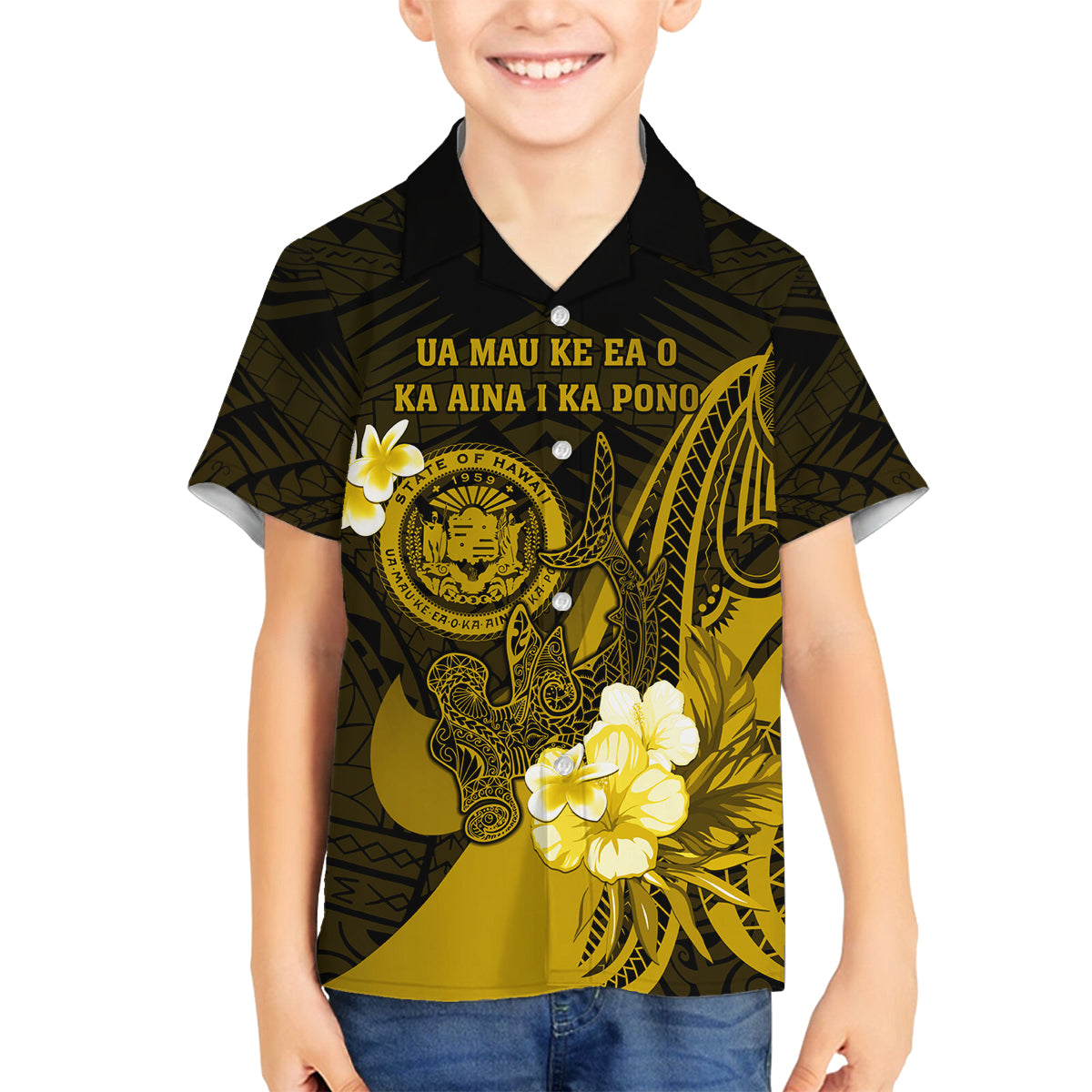 Personalised Hawaii State Motto Family Matching Off Shoulder Long Sleeve Dress and Hawaiian Shirt Hawaiian Tribal Gold Hammerhead Shark LT05 Son's Shirt Gold - Polynesian Pride