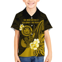 Personalised Hawaii State Motto Family Matching Puletasi and Hawaiian Shirt Hawaiian Tribal Gold Hammerhead Shark LT05 Son's Shirt Gold - Polynesian Pride