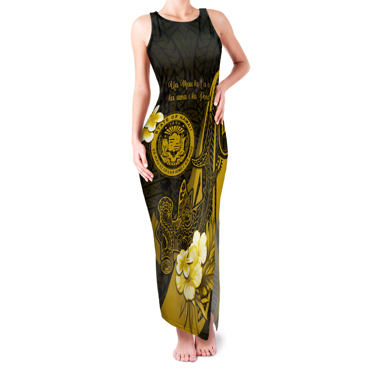 Personalised Hawaii State Motto Family Matching Tank Maxi Dress and Hawaiian Shirt Hawaiian Tribal Gold Hammerhead Shark LT05 Mom's Dress Gold - Polynesian Pride