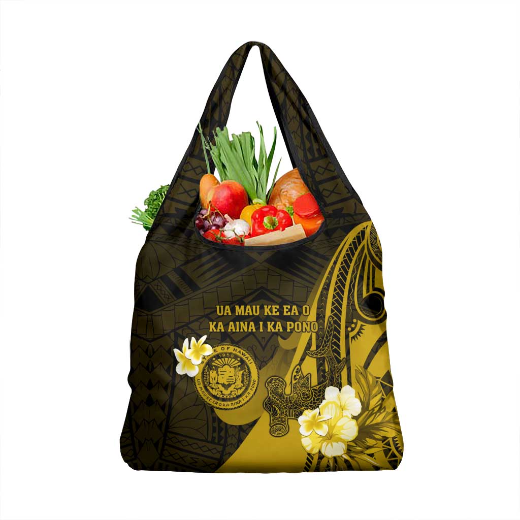 Hawaii State Motto Grocery Bag Hawaiian Tribal Gold Hammerhead Shark