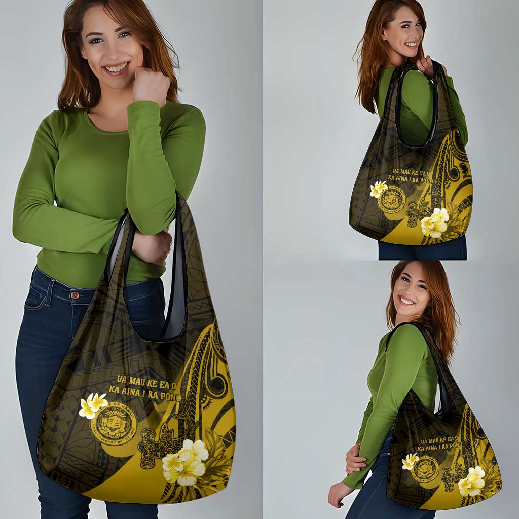 Hawaii State Motto Grocery Bag Hawaiian Tribal Gold Hammerhead Shark