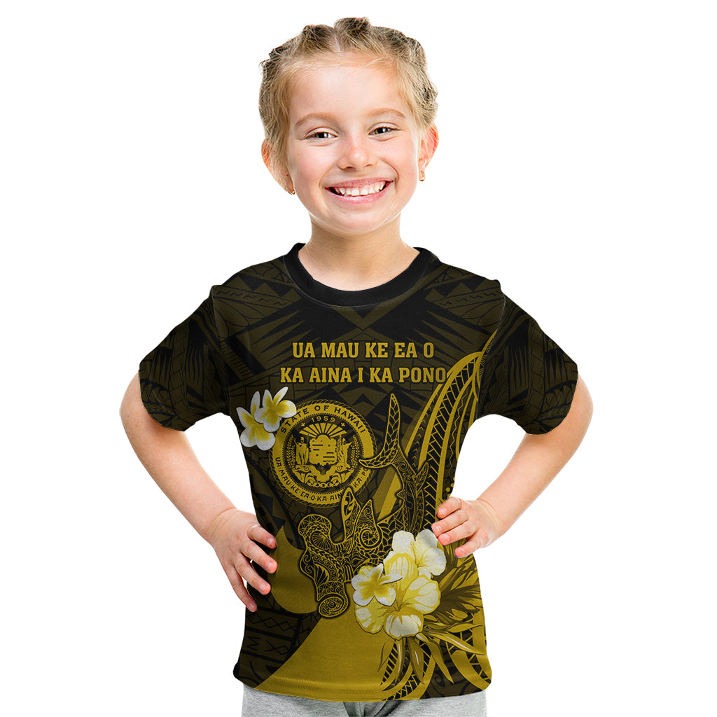 Personalised Hawaii State Motto Kid T Shirt Hawaiian Tribal Gold Hammerhead Shark LT05 Gold - Polynesian Pride