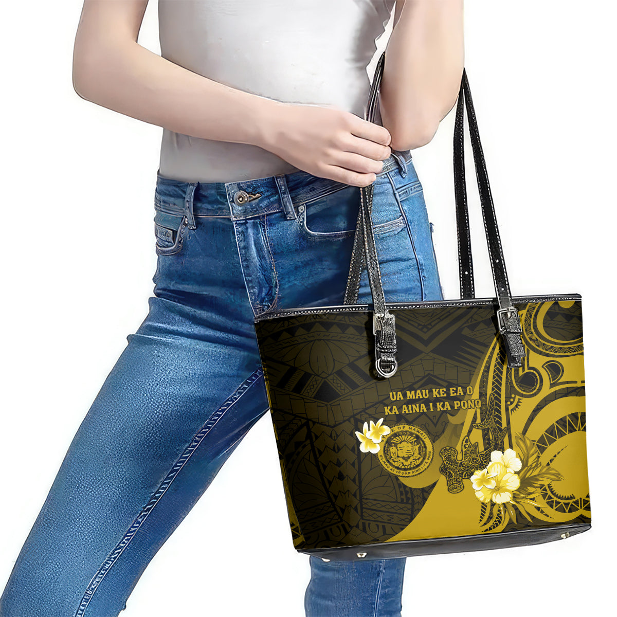 Hawaii State Motto Leather Tote Bag Hawaiian Tribal Gold Hammerhead Shark LT05 - Polynesian Pride