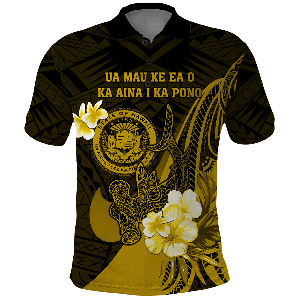 Personalised Hawaii State Motto Polo Shirt Hawaiian Tribal Gold Hammerhead Shark LT05 Gold - Polynesian Pride