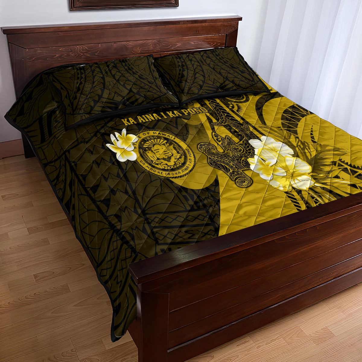 Hawaii State Motto Quilt Bed Set Hawaiian Tribal Gold Hammerhead Shark LT05 - Polynesian Pride