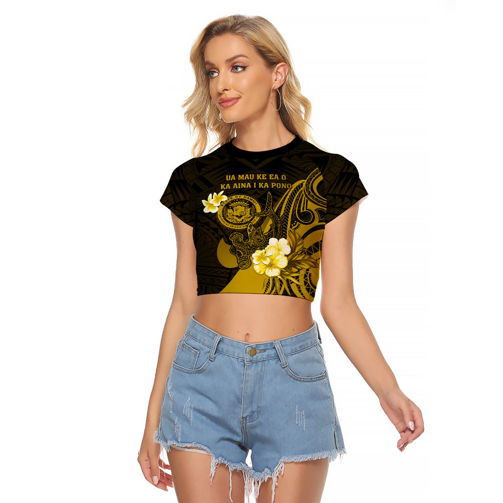 Personalised Hawaii State Motto Raglan Cropped T Shirt Hawaiian Tribal Gold Hammerhead Shark LT05 Female Gold - Polynesian Pride