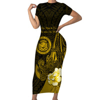 Personalised Hawaii State Motto Short Sleeve Bodycon Dress Hawaiian Tribal Gold Hammerhead Shark LT05 Long Dress Gold - Polynesian Pride