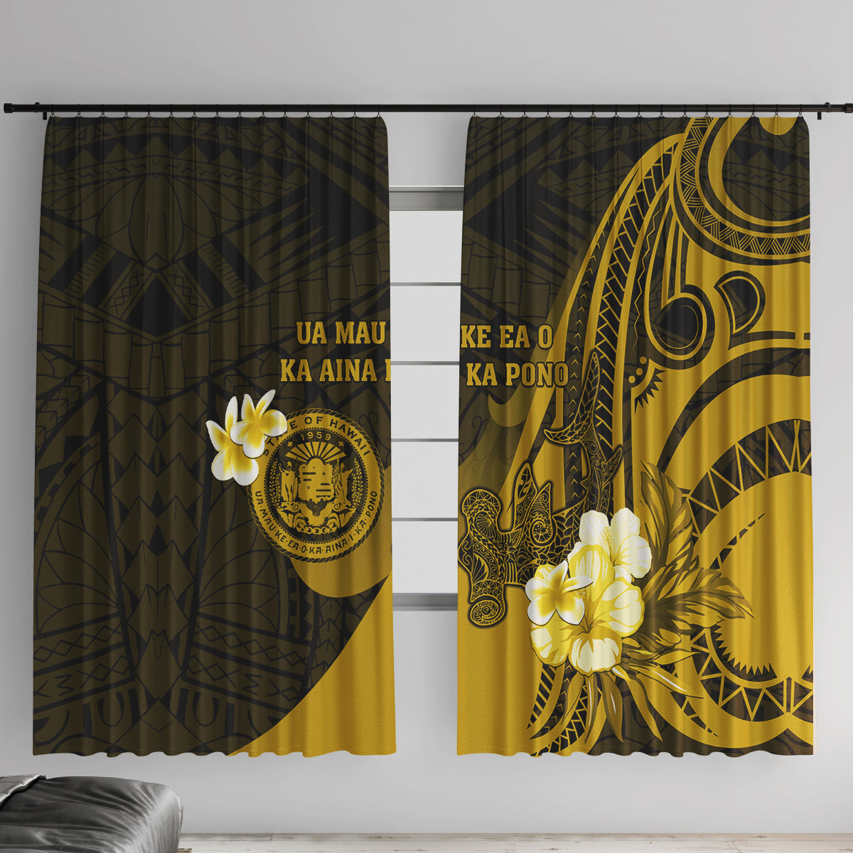 Hawaii State Motto Window Curtain Hawaiian Tribal Gold Hammerhead Shark LT05 With Hooks Gold - Polynesian Pride