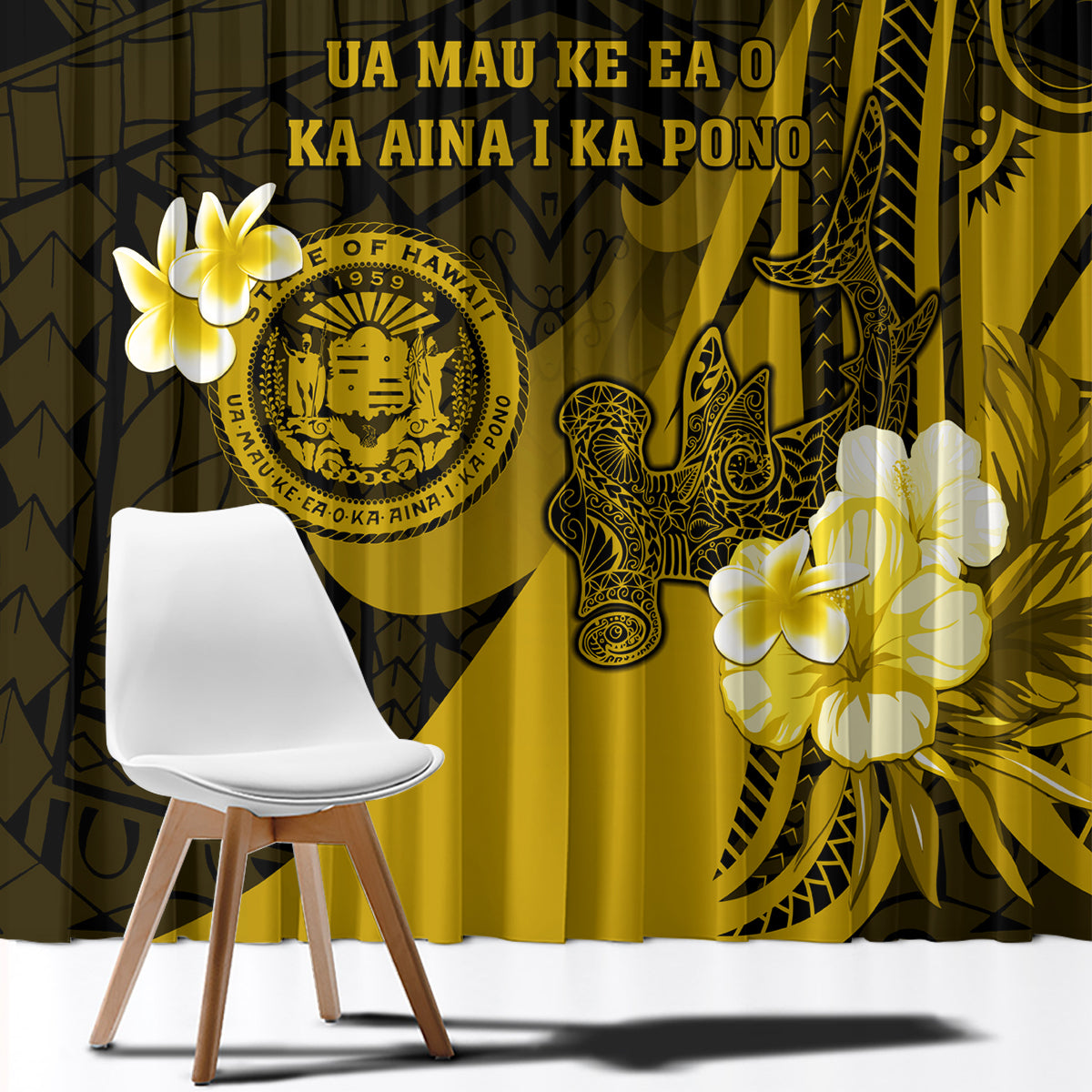 Hawaii State Motto Window Curtain Hawaiian Tribal Gold Hammerhead Shark LT05 - Polynesian Pride