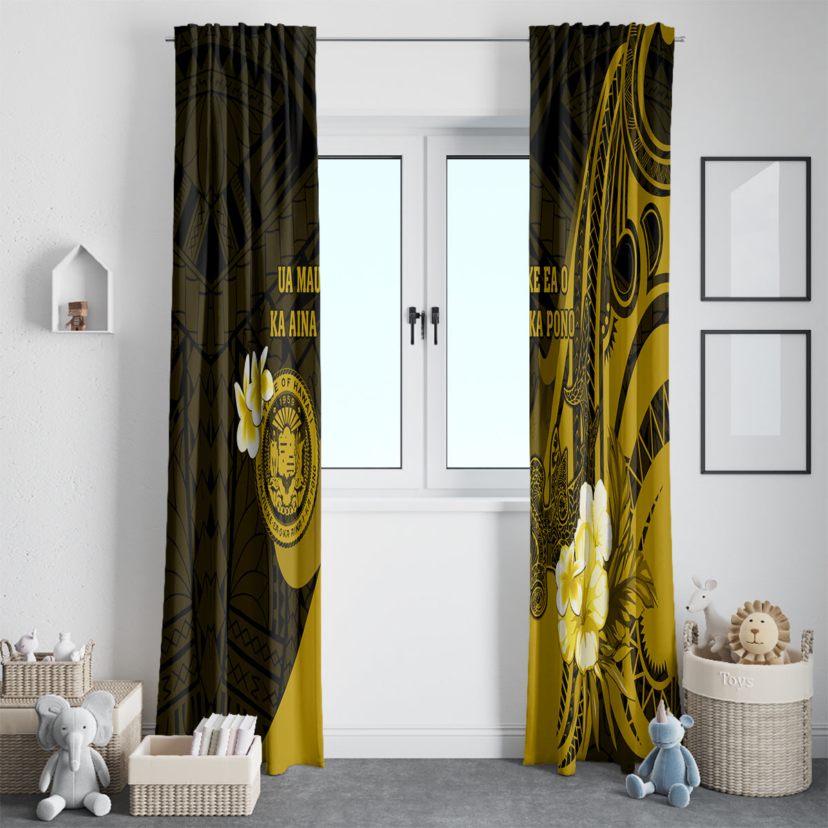 Hawaii State Motto Window Curtain Hawaiian Tribal Gold Hammerhead Shark LT05 - Polynesian Pride