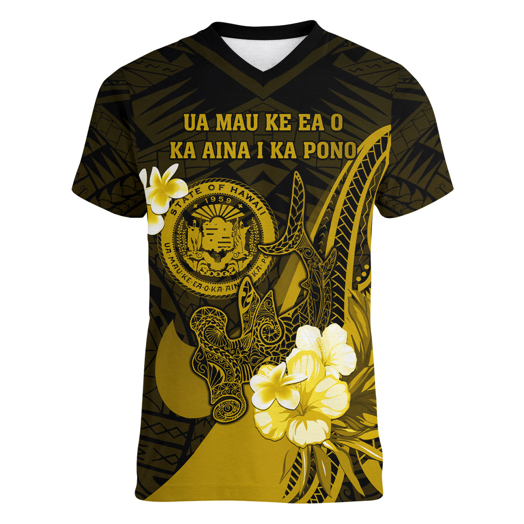 Personalised Hawaii State Motto Women V Neck T Shirt Hawaiian Tribal Gold Hammerhead Shark LT05 Female Gold - Polynesian Pride