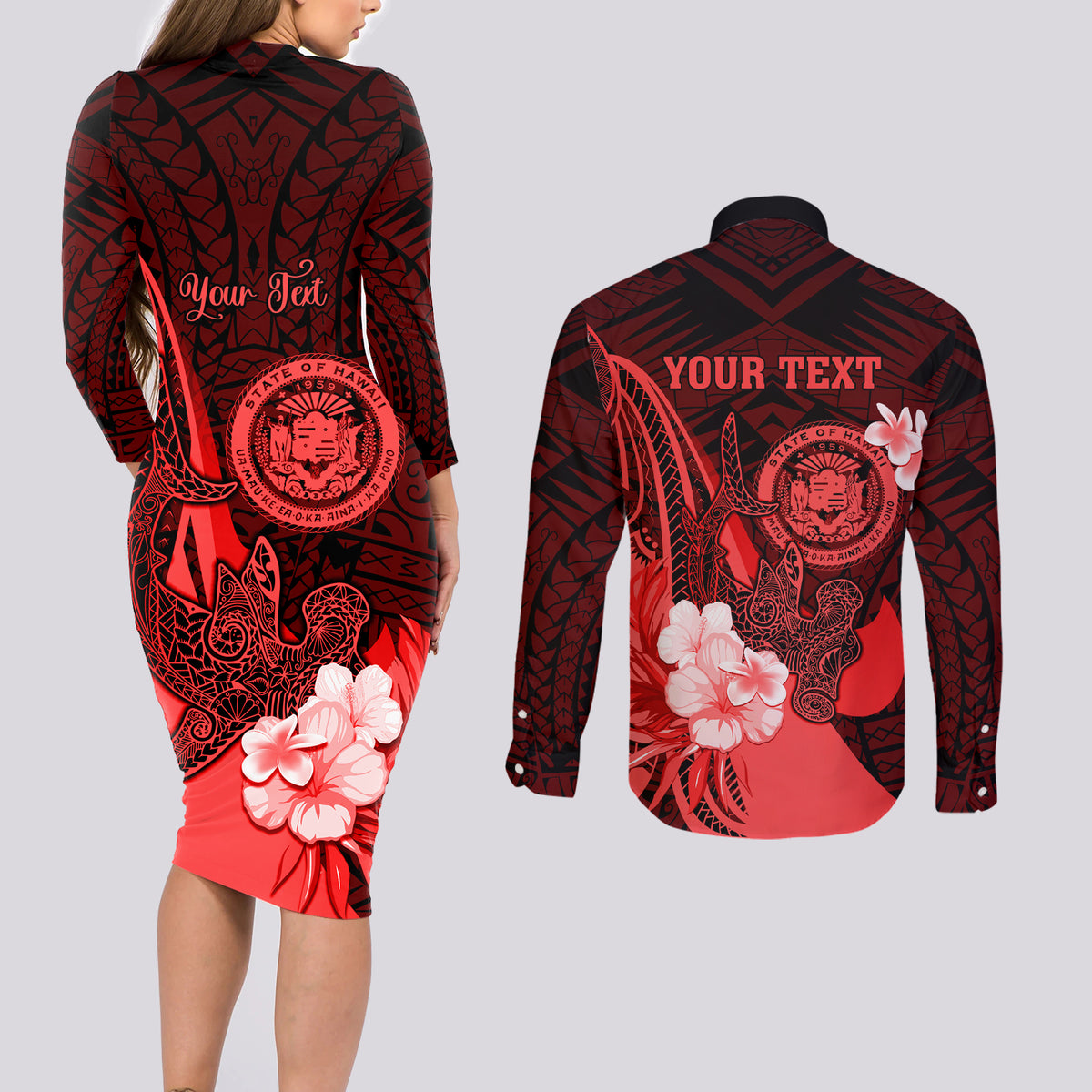 Personalised Hawaii State Motto Couples Matching Long Sleeve Bodycon Dress and Long Sleeve Button Shirt Hawaiian Tribal Red Hammerhead Shark LT05 - Polynesian Pride