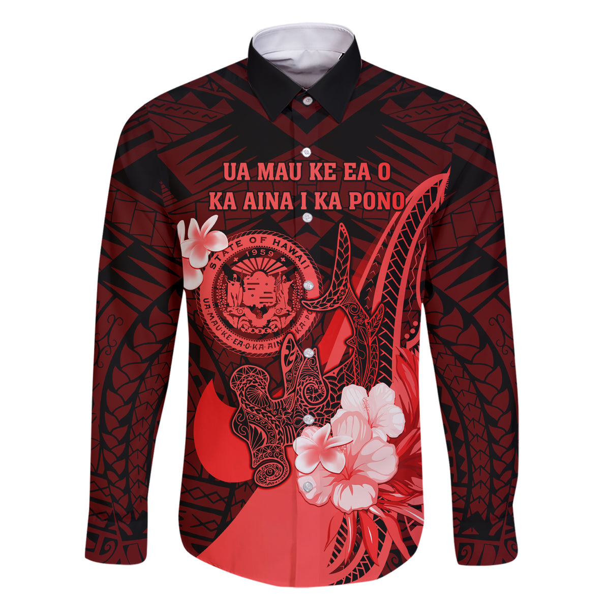 Personalised Hawaii State Motto Family Matching Short Sleeve Bodycon Dress and Hawaiian Shirt Hawaiian Tribal Red Hammerhead Shark LT05 Dad's Shirt - Long Sleeve Red - Polynesian Pride