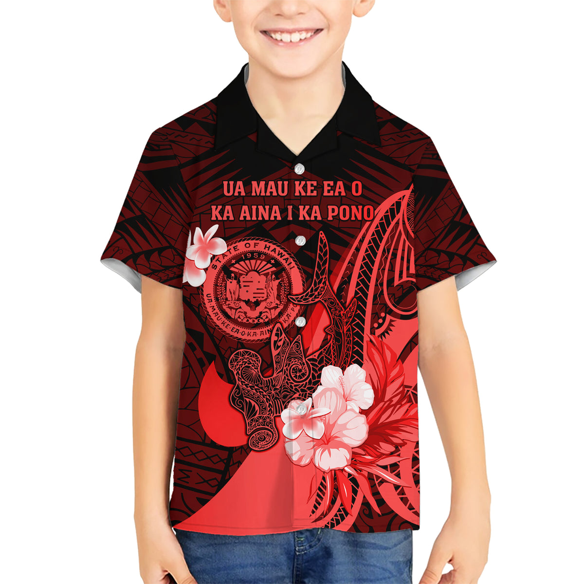 Personalised Hawaii State Motto Family Matching Short Sleeve Bodycon Dress and Hawaiian Shirt Hawaiian Tribal Red Hammerhead Shark LT05 Son's Shirt Red - Polynesian Pride