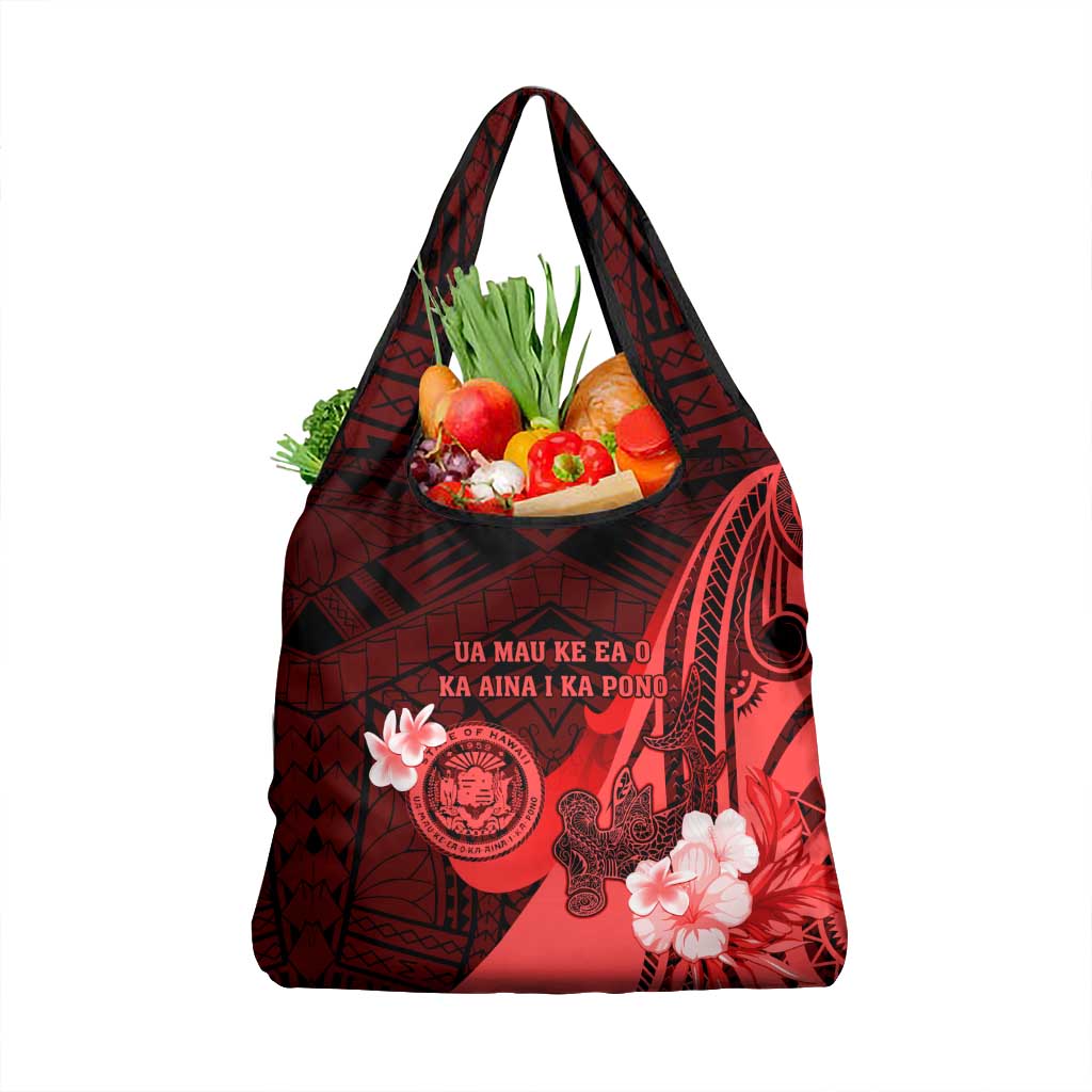 Hawaii State Motto Grocery Bag Hawaiian Tribal Red Hammerhead Shark