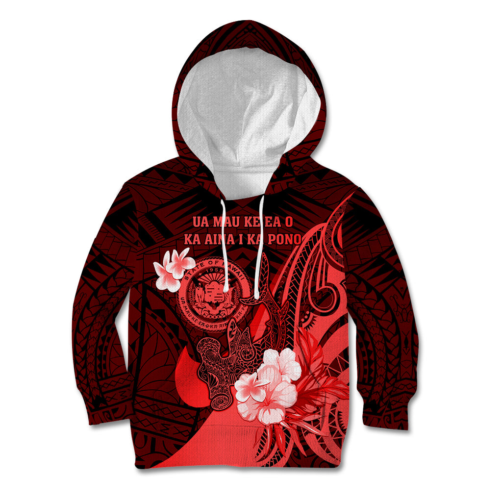 Personalised Hawaii State Motto Kid Hoodie Hawaiian Tribal Red Hammerhead Shark LT05 Hoodie Red - Polynesian Pride