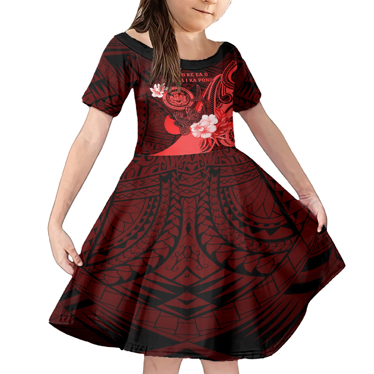 Personalised Hawaii State Motto Kid Short Sleeve Dress Hawaiian Tribal Red Hammerhead Shark LT05 KID Red - Polynesian Pride