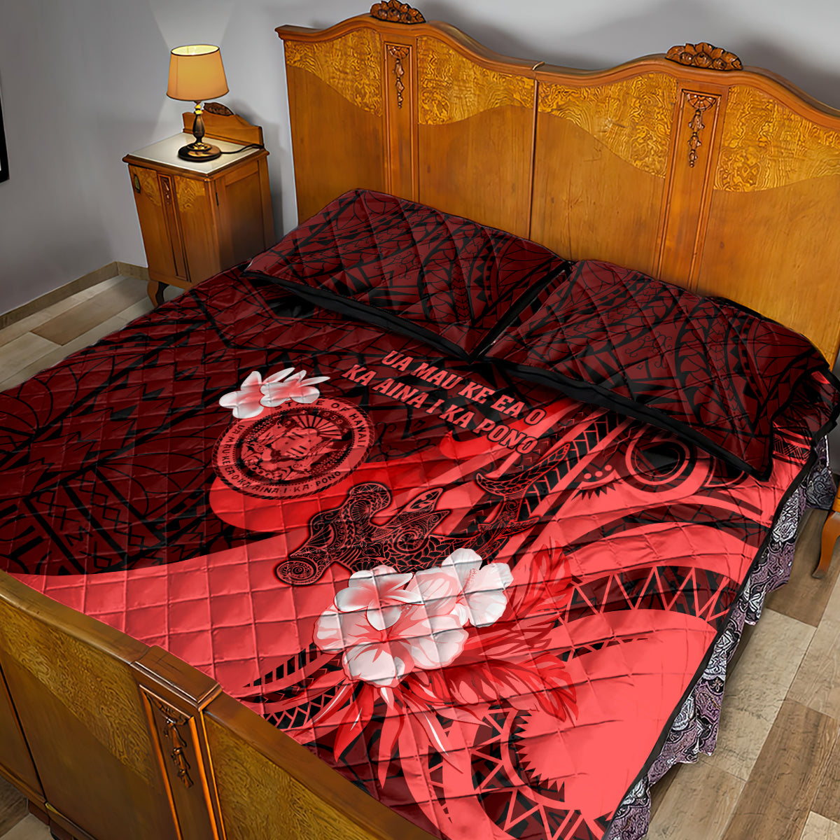 Hawaii State Motto Quilt Bed Set Hawaiian Tribal Red Hammerhead Shark LT05 - Polynesian Pride