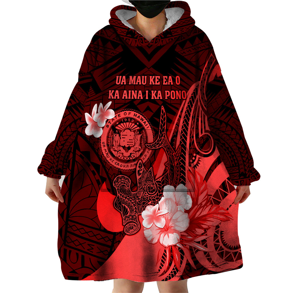 Personalised Hawaii State Motto Wearable Blanket Hoodie Hawaiian Tribal Red Hammerhead Shark LT05 - Polynesian Pride