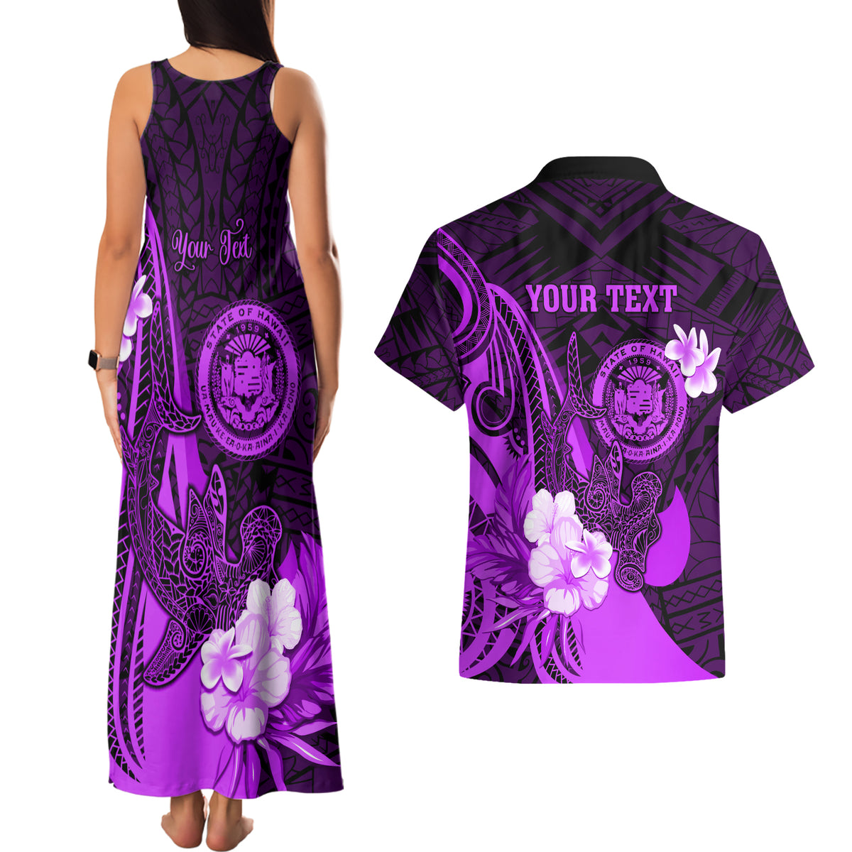 Personalised Hawaii State Motto Couples Matching Tank Maxi Dress and Hawaiian Shirt Hawaiian Tribal Purple Hammerhead Shark LT05 - Polynesian Pride