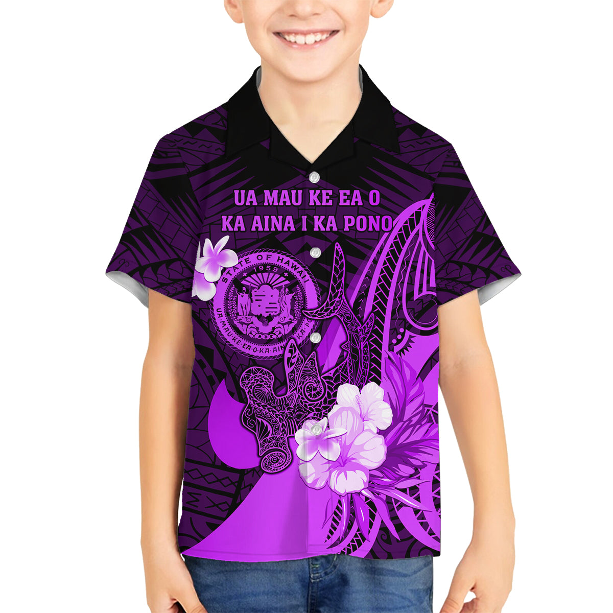 Personalised Hawaii State Motto Family Matching Off Shoulder Short Dress and Hawaiian Shirt Hawaiian Tribal Purple Hammerhead Shark LT05 Son's Shirt Purple - Polynesian Pride