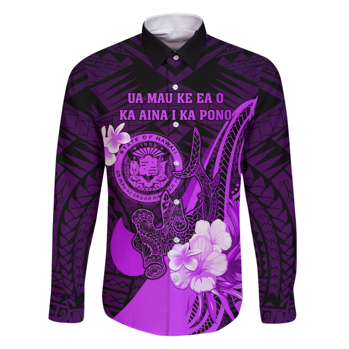 Personalised Hawaii State Motto Family Matching Short Sleeve Bodycon Dress and Hawaiian Shirt Hawaiian Tribal Purple Hammerhead Shark LT05 Dad's Shirt - Long Sleeve Purple - Polynesian Pride