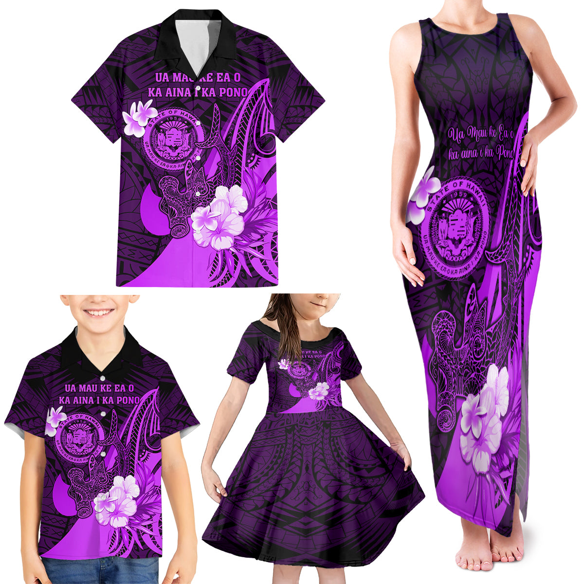 Personalised Hawaii State Motto Family Matching Tank Maxi Dress and Hawaiian Shirt Hawaiian Tribal Purple Hammerhead Shark LT05 - Polynesian Pride