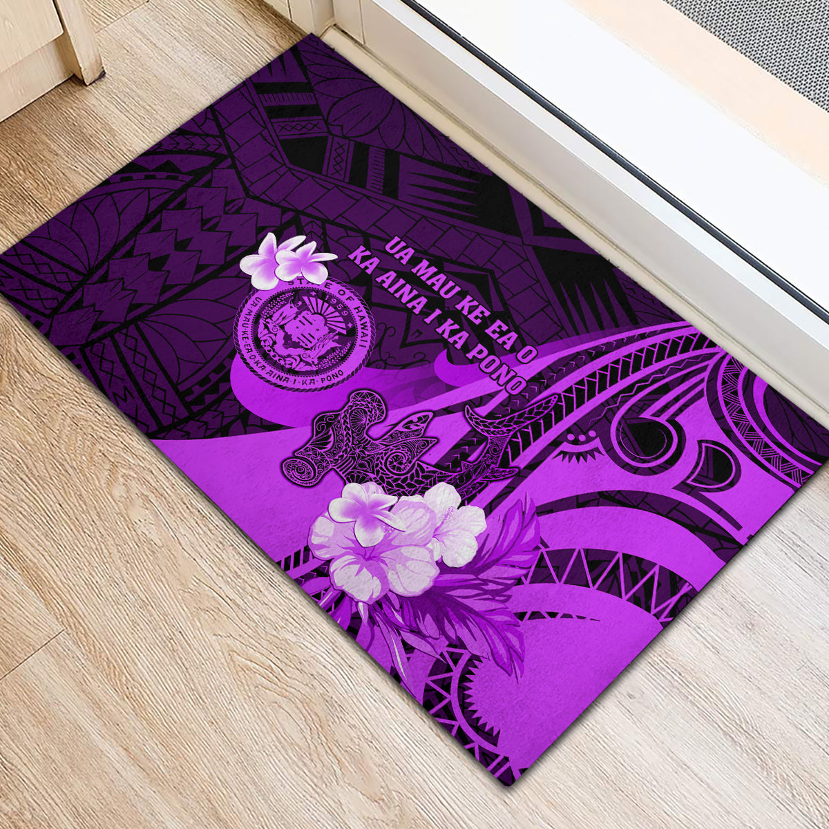 Hawaii State Motto Rubber Doormat Hawaiian Tribal Purple Hammerhead Shark LT05 - Polynesian Pride