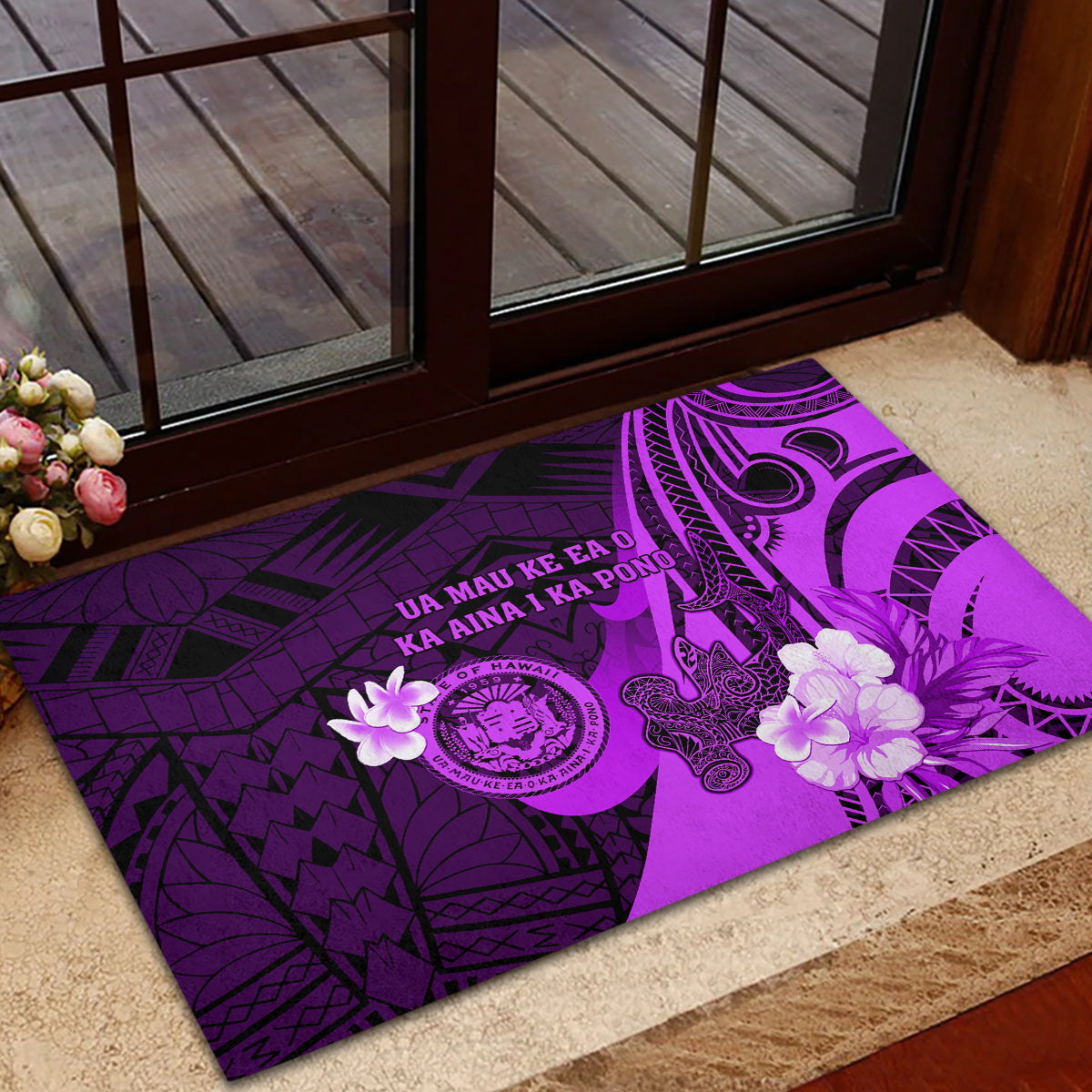 Hawaii State Motto Rubber Doormat Hawaiian Tribal Purple Hammerhead Shark LT05 - Polynesian Pride